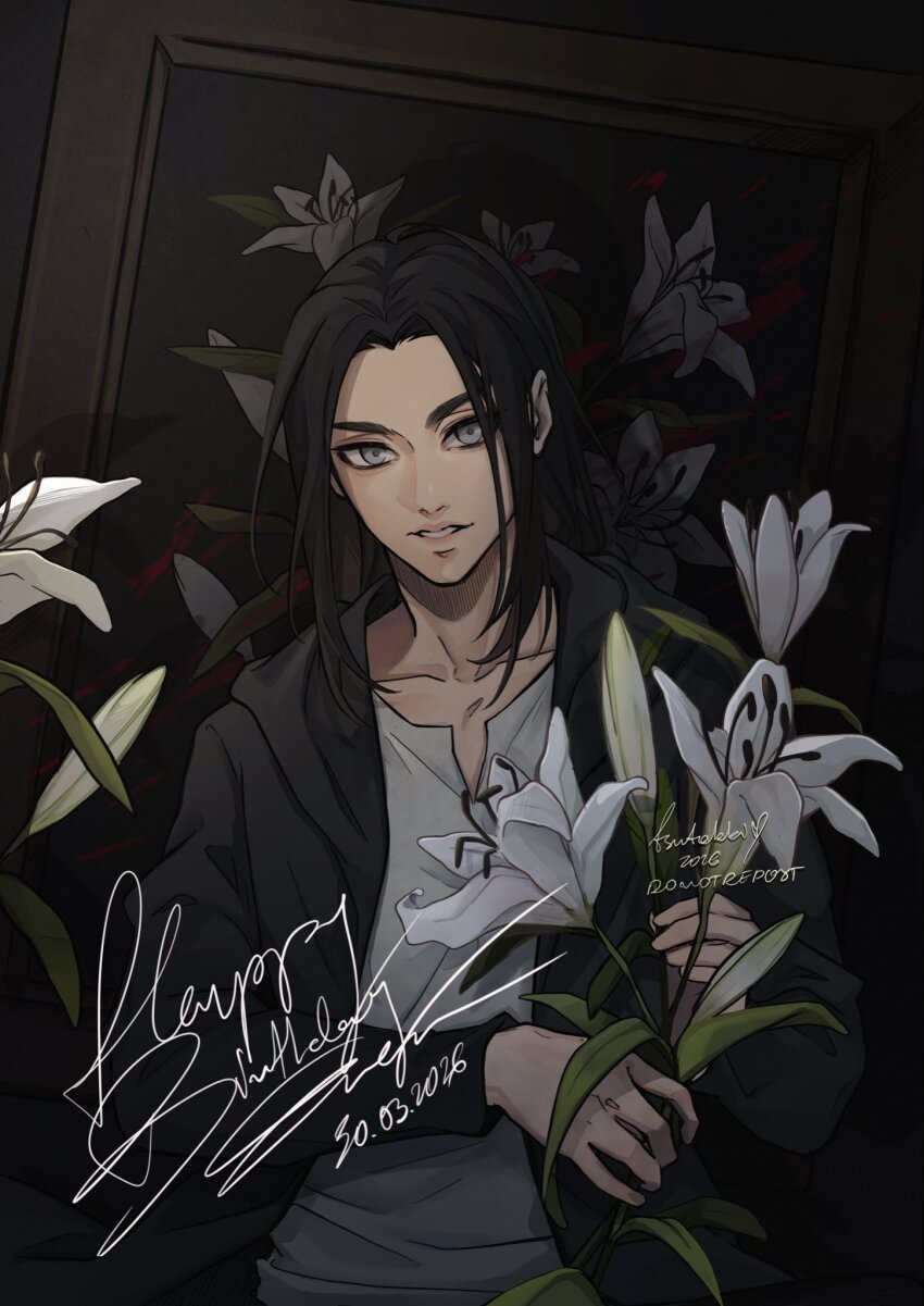 1boy, black_hair, black_jacket, blood, dated, eren_yeager, flower, grey_eyes
