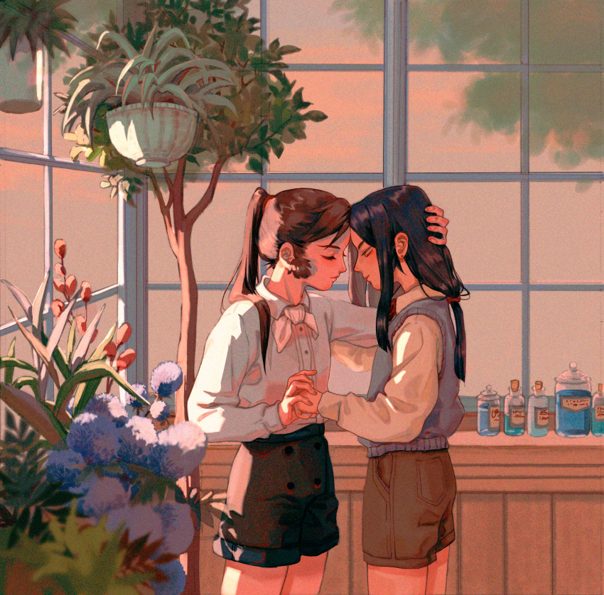 2boys, absurdres, black_hair, black_shorts, blue_flower, blue_shirt, blue_sweater_vest, bottle