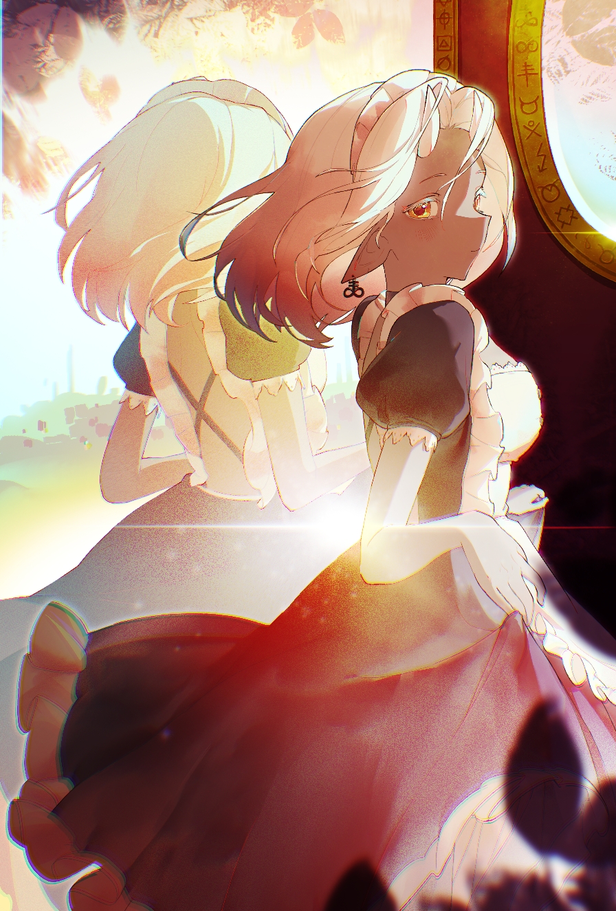 1girl, alternate_costume, apron, bilibilijnylgj, black_dress, calamitas, calamity_(terraria_mod), colored_skin