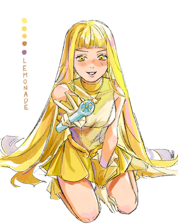 1girl, artist_name, bare_legs, bare_shoulders, bead_bracelet, beads, blonde_hair, blunt_bangs