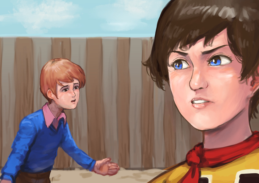 2boys, absurdres, blue_eyes, blue_shirt, brown_hair, chanta_(ayatakaoisii), chargeman_ken!, day