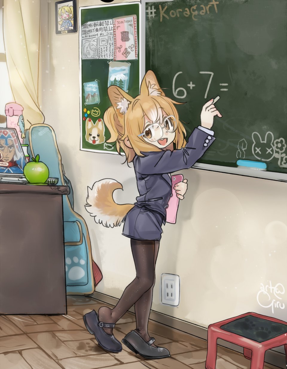 1girl, animal_ear_fluff, animal_ears, apple, black_jacket, black_pantyhose, black_shoes, black_skirt