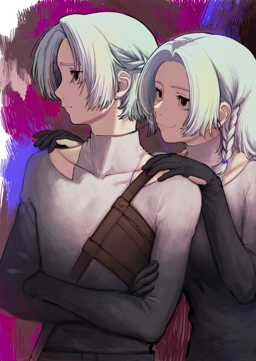 1girl, 1other, behind_another, braid, breasts, clothing_cutout, collarbone, covered_collarbone