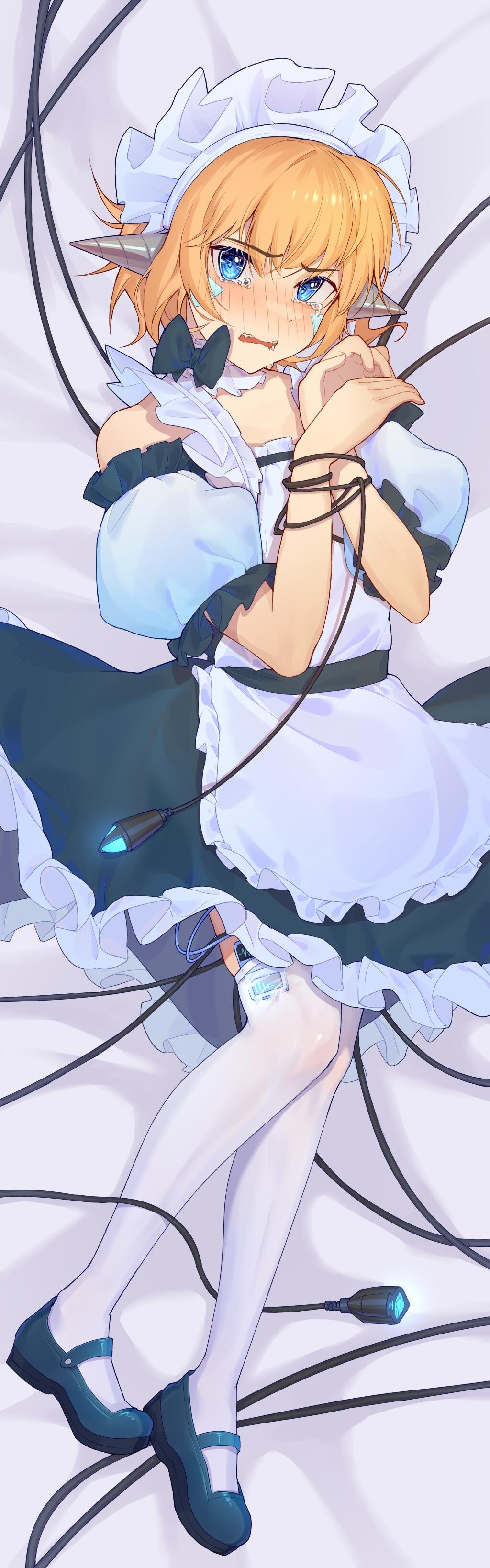 1boy, absurdres, apron, bare_shoulders, bilibilijnylgj, black_hair, blue_eyes, blush