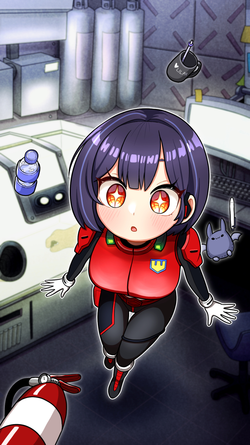 +_+, 1girl, :o, bakjwi_(lilpa), black_bodysuit, black_hair, blush, bodysuit, boots, bottle, breasts, chair, commentary, computer, computer_keyboard, computer_mouse, convenience_store, gloves, highres, indoors, korean_commentary, large_breasts, lilpa, looking_at_viewer, monitor, mozzaraccoon, multicolored_hair, office_chair, official_alternate_costume, open_mouth, orange_eyes, purple_hair, red_eyes, shop, short_hair, solo, star-shaped_pupils, star_(symbol), swivel_chair, symbol-shaped_pupils, thigh_gap, virtual_youtuber, waktaverse, water_bottle, white_gloves