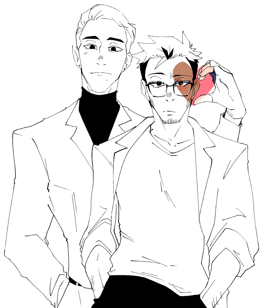 2boys, aquiline_nose, arm_hair, beard_stubble, blush, closed_mouth, dark-skinned_male, dark_skin, drawfee, earrings, facial_hair, glasses, heart, hot_guy_p.i., jewelry, jitome, karina_farek, male_focus, mole, mole_under_mouth, multiple_boys, nose, romeo_fernando_sy, schmidt_(hot_guy_p.i.), shirt, short_hair, stubble, turtleneck, undercut, upper_body, very_short_hair, yaoi