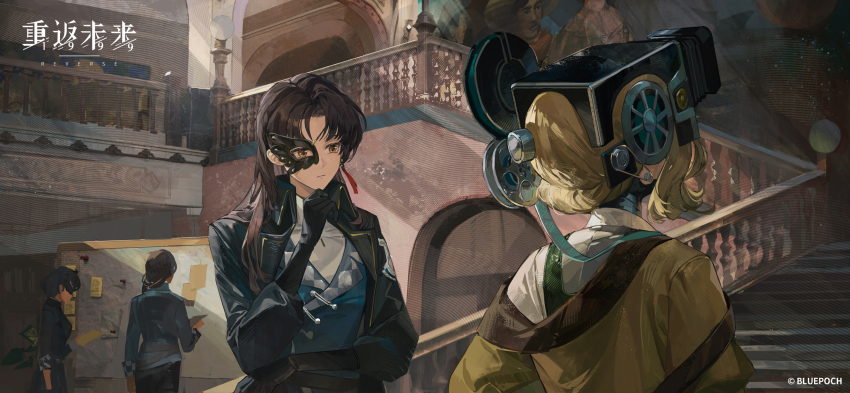 4girls, black_coat, black_gloves, black_hair, black_ibis_(reverse:1999), black_mask, blonde_hair, blue_jacket