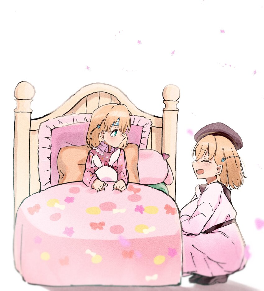 2girls, age_comparison, beret, black_shoes, brown_hat, collared_shirt, dream_believers, dress