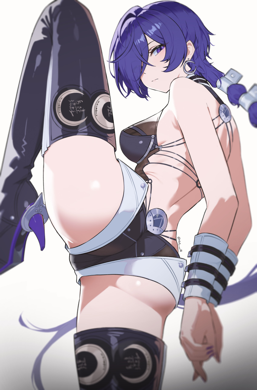 1girl, absurdres, artist_name, ass, back, backless_leotard, bare_shoulders, black_boots, black_leotard, boots, breasts, closed_mouth, commentary, crescent, crescent_earrings, earrings, from_behind, hair_over_one_eye, high_heel_boots, high_heels, highres, jewelry, leg_up, leotard, looking_at_viewer, looking_back, medium_breasts, nail_polish, no_jacket, nvl, promeia_(zenless_zone_zero), purple_eyes, purple_hair, purple_nails, shorts, solo, thigh_boots, thighs, white_shorts, zenless_zone_zero