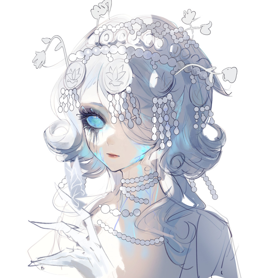 1girl, anlingennny, bead_necklace, beads, blue_eyes, chinese_commentary, commentary_request, eyelashes