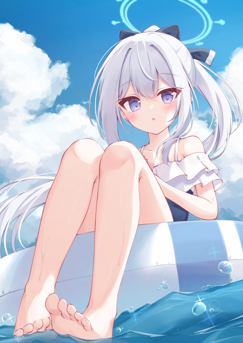 1girl, :o, aqua_halo, bare_legs, bare_shoulders, barefoot, blue_archive, blue_bow