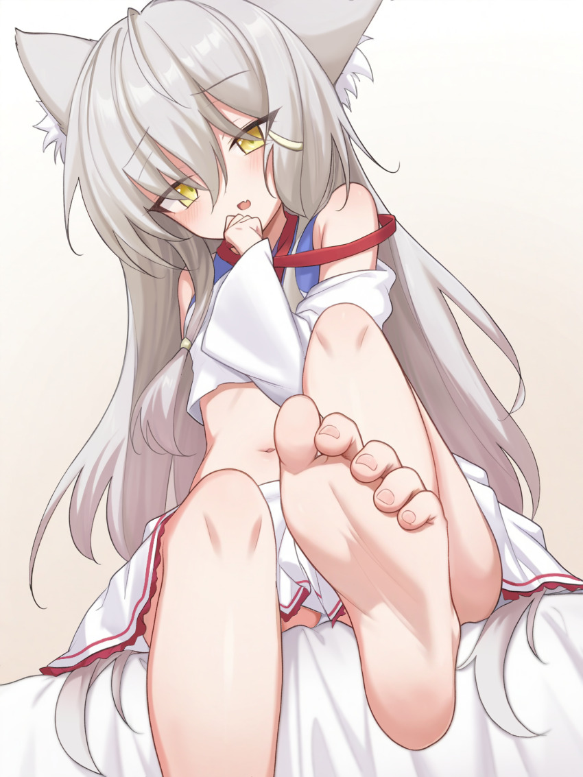 1girl, absurdres, animal_ear_fluff, animal_ears, bare_shoulders, barefoot, blush, cat_ears, cat_girl, clenched_hand, commentary_request, crop_top, dutch_angle, eyes_visible_through_hair, fang, feet, foot_focus, foot_out_of_frame, frilled_skirt, frills, furrowed_brow, ghost_villager, gradient_background, grey_hair, hair_between_eyes, hand_up, highres, indoors, kuro_(sakura_moyu), long_hair, long_sleeves, looking_at_viewer, miniskirt, navel, on_bed, open_mouth, panties, panty_peek, presenting_foot, sakura_moyu, simple_background, sitting, skin_fang, skirt, soles, solo, stomach, toenails, toes, tsurime, underwear, very_long_hair, white_panties, white_skirt, wide_sleeves, yellow_eyes