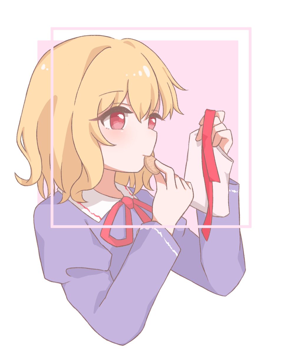 1girl, blonde_hair, collared_dress, commentary, contrast_collar, cookie, coto_mugi, cropped_torso