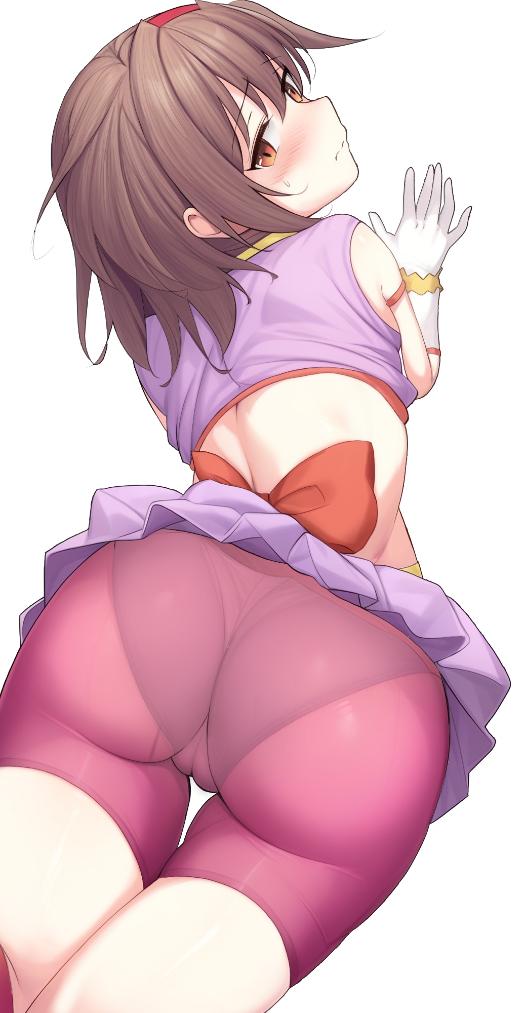 1girl, ass, back, back_bow, bare_shoulders, bike_shorts, blush, bow
