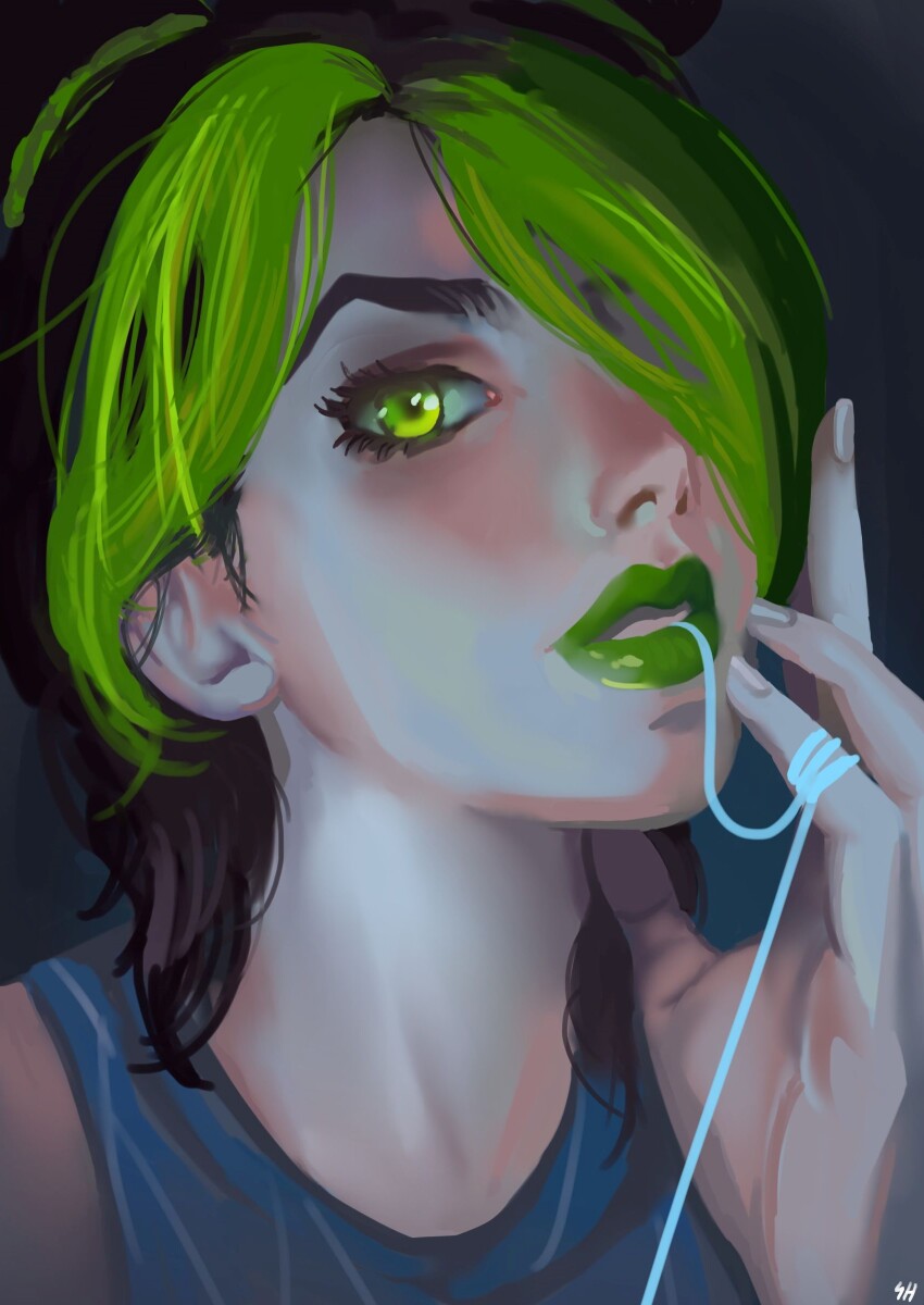 1girl, black_hair, close-up, commentary, eyeshadow, green_eyes, green_hair, green_lips