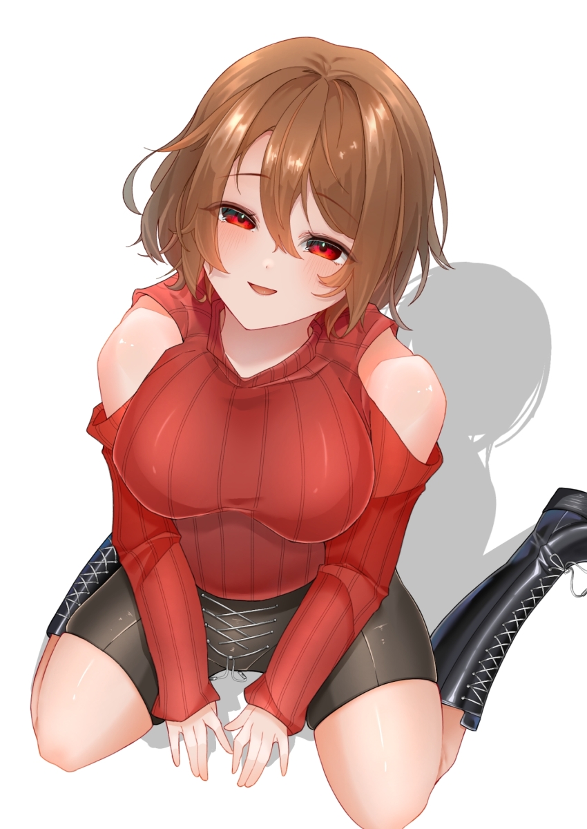 1girl, alternate_universe, black_boots, boots, breasts, brown_hair, brown_shorts, chara_(shiftfell), chara_(undertale), clothing_cutout, cropped_legs, drop_shadow, from_above, genderswap, genderswap_(otf), hair_between_eyes, hand_on_ground, highres, lace-up_boots, lace-up_shorts, light_blush, long_sleeves, looking_at_viewer, medium_breasts, open_mouth, red_eyes, red_sweater, shorts, shoulder_cutout, simple_background, sitting, sleeves_past_wrists, smile, storyfell, storyshift, sweater, tiiiistttt, turtleneck, turtleneck_sweater, underfell, undertale, utdr_(toby_fox), wariza, white_background