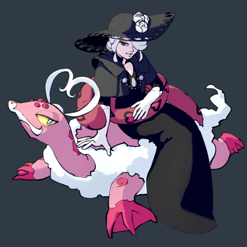 1girl, black_dress, black_hat, cogita_(pokemon), colored_sclera, commentary_request, dress, elbow_gloves