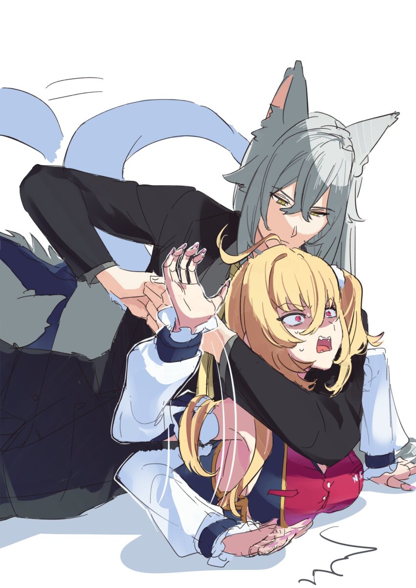 1boy, 1girl, absurdres, afterimage, ahoge, animal_ear_fluff, animal_ears, arm_around_neck