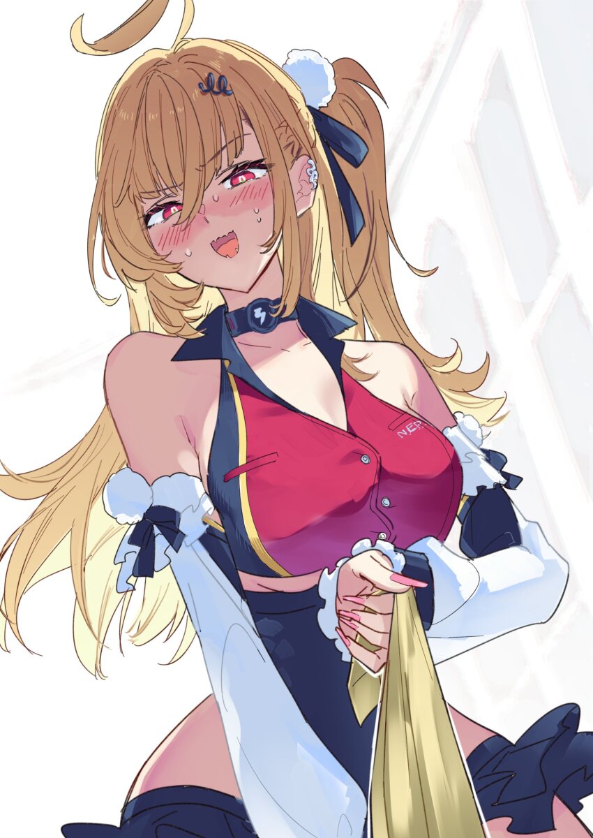 1boy, 1girl, absurdres, ahoge, bare_shoulders, blonde_hair, blush, breasts, cissia_(zenless_zone_zero), cleavage, clothes_grab, collarbone, detached_sleeves, fingernails, hair_ornament, hairclip, highres, large_breasts, long_hair, looking_at_viewer, necktie, necktie_grab, neckwear_grab, open_mouth, oyakoricell, pink_nails, pom_pom_(clothes), pom_pom_hair_ornament, pov, severian_lowell, shock_collar, snake_girl, sweat, underboob, white_background, yellow_necktie, zenless_zone_zero