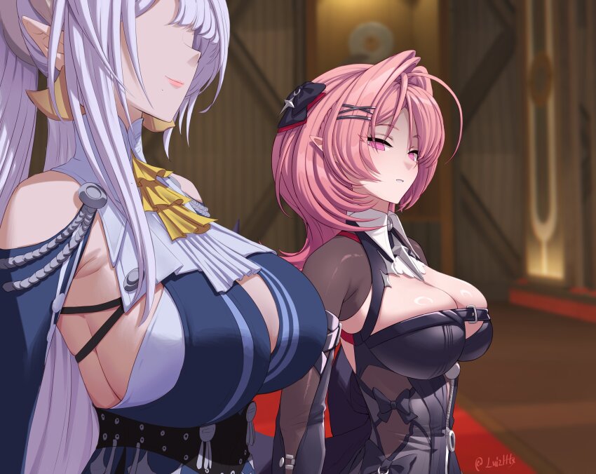 2girls, absurdres, ascot, bare_shoulders, black_dress, blue_dress, breast_envy, breasts