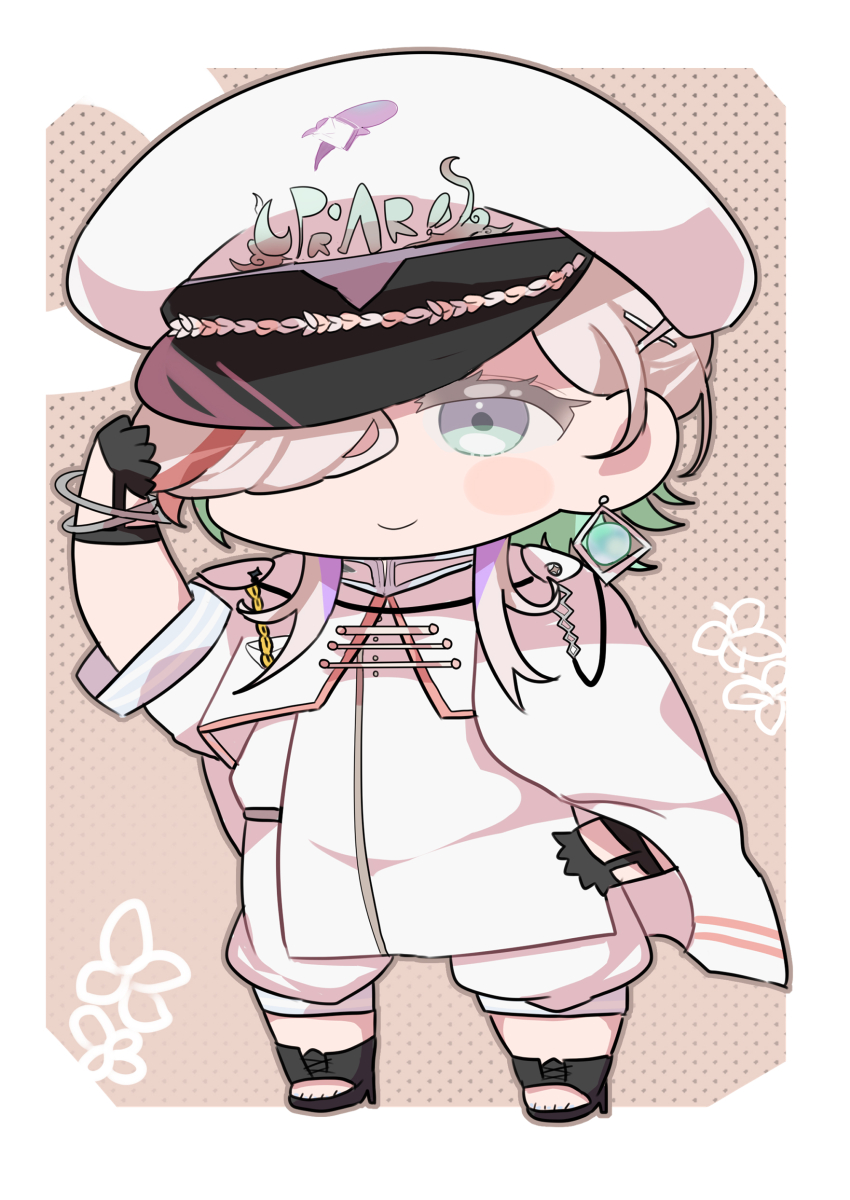 1boy, absurdres, black_gloves, black_sandals, blush_stickers, bracelet, brown_background, capri_pants