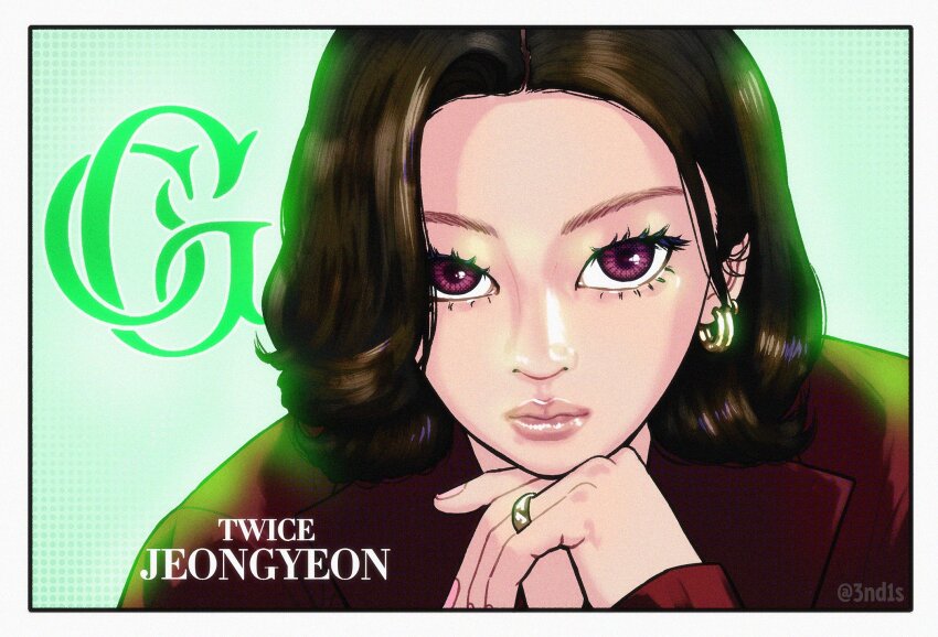 1girl, black_border, black_hair, border, character_name, earrings, expressionless, glowing, green_background, grey_border, highres, jacket, jeongyeon_(twice), jewelry, looking_at_viewer, pink_nails, portrait, purple_eyes, real_life, red_jacket, ring, rt_3nd1s, short_hair, solo, twice_(group)