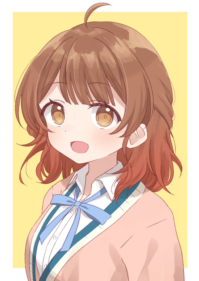 1girl, ahoge, blue_ribbon, blush, breasts, brown_hair, cardigan, commentary