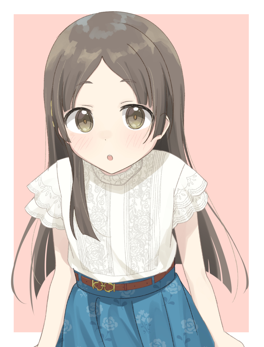 1girl, :o, aqua_skirt, belt, blunt_ends, blush, brown_hair, commentary