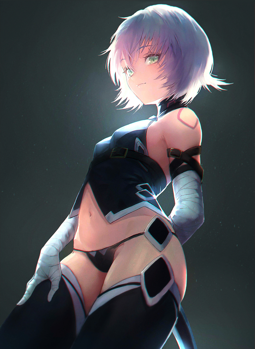 1girl, aqua_hair, arm_behind_back, arm_belt, bandaged_arm, bandaged_hand, bandages, bare_shoulders