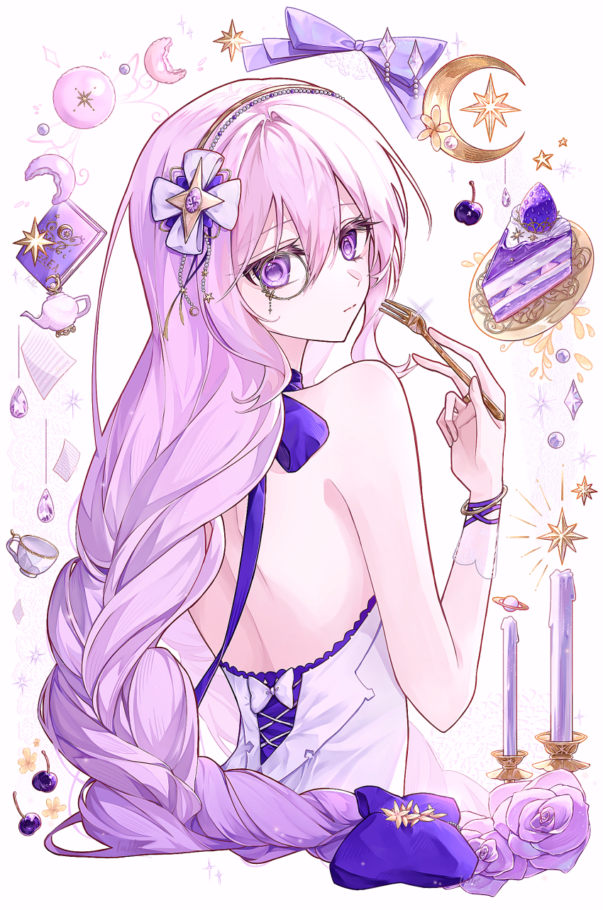 1girl, arcaea, backless_dress, backless_outfit, bare_shoulders, book, bow, bowtie