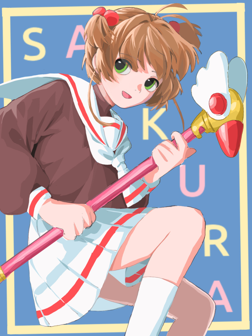 1girl, antenna_hair, ascot, black_shirt, blue_background, brown_hair, cardcaptor_sakura, character_name