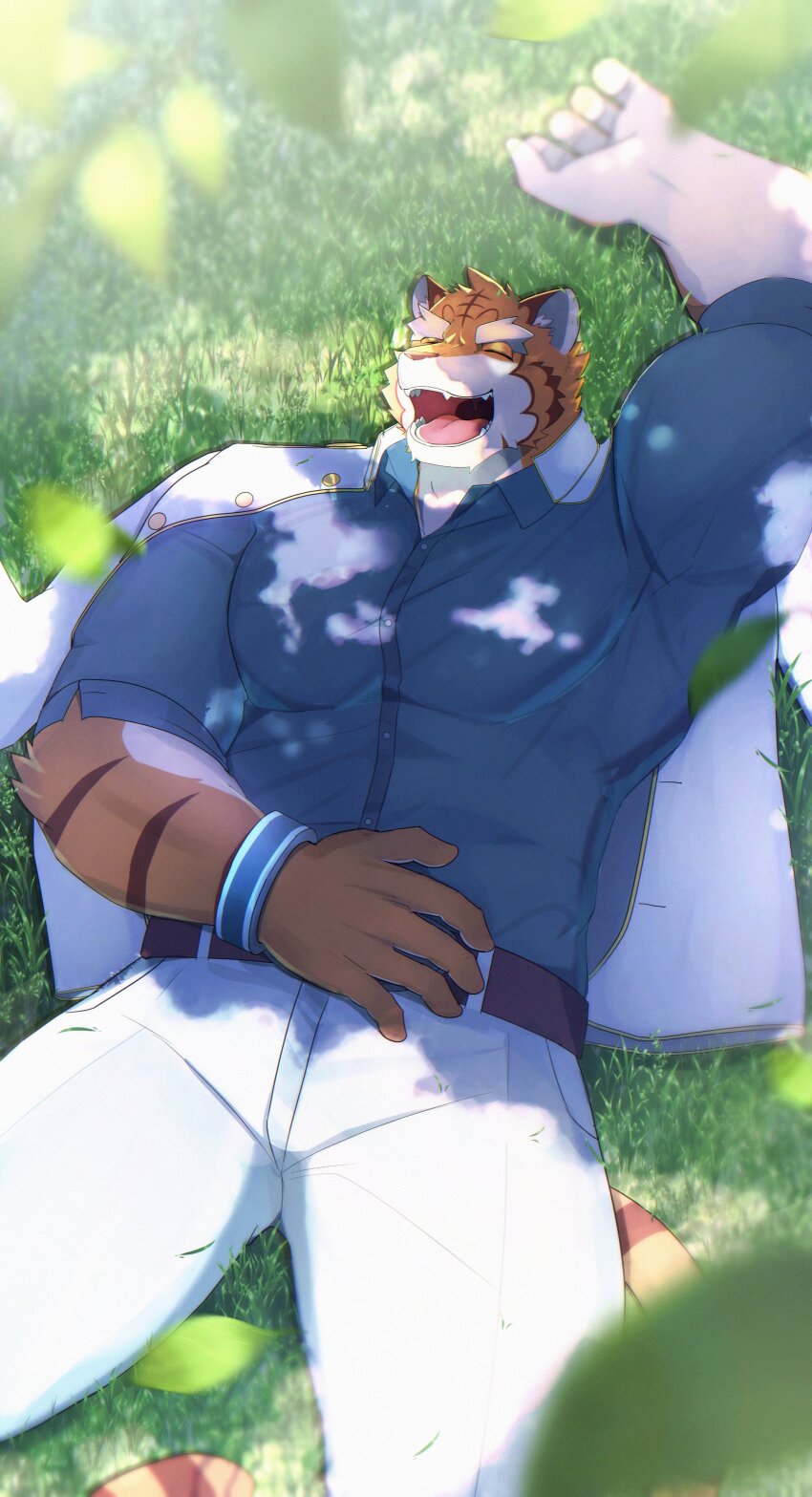 1boy, absurdres, animal_ears, bara, blue_shirt, closed_eyes, coat, coat_on_shoulders