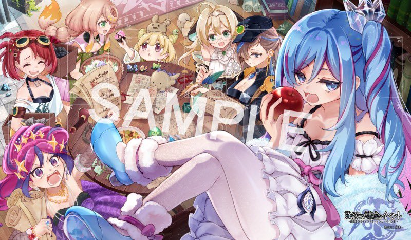 6+girls, ahoge, blonde_hair, blue_eyes, blue_hair, breasts, choker, cleavage