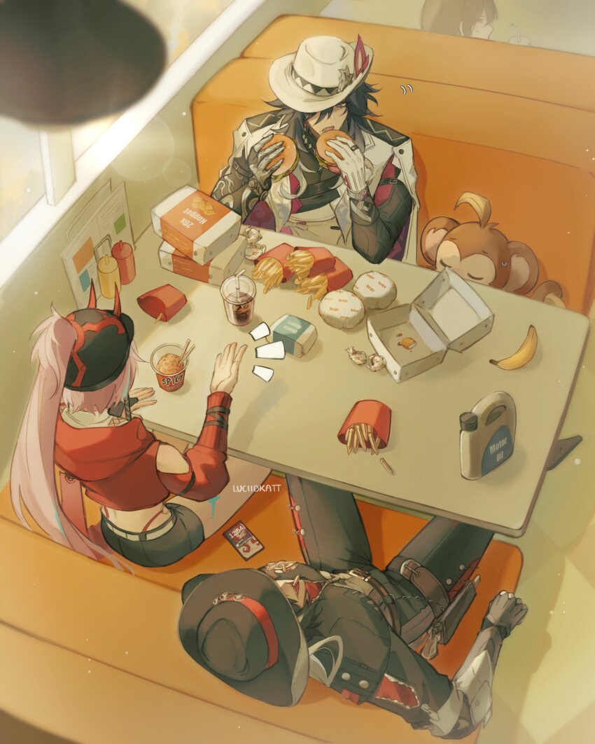 1girl, 2boys, absurdres, ashveil_(honkai:_star_rail), baseball_cap, belt, black_hair, boothill_(honkai:_star_rail), box, bracelet, buckle, commentary, cowboy_hat, cropped_jacket, cutoffs, cyborg, eating, english_commentary, fake_horns, fedora, food, fruit, galaxy_rangers_(honkai:_star_rail), gloves, grey_eyes, hat, hat_ornament, high_ponytail, highres, honkai:_star_rail, honkai_(series), horns, jewelry, long_hair, looking_at_another, luciidkatt, monkey, multiple_boys, pants, pink_hair, ponytail, prosthesis, prosthetic_arm, rappa_(honkai:_star_rail), ring, shorts, single_glove, sitting, table, two-tone_fur, very_long_hair, white_hair, zipper