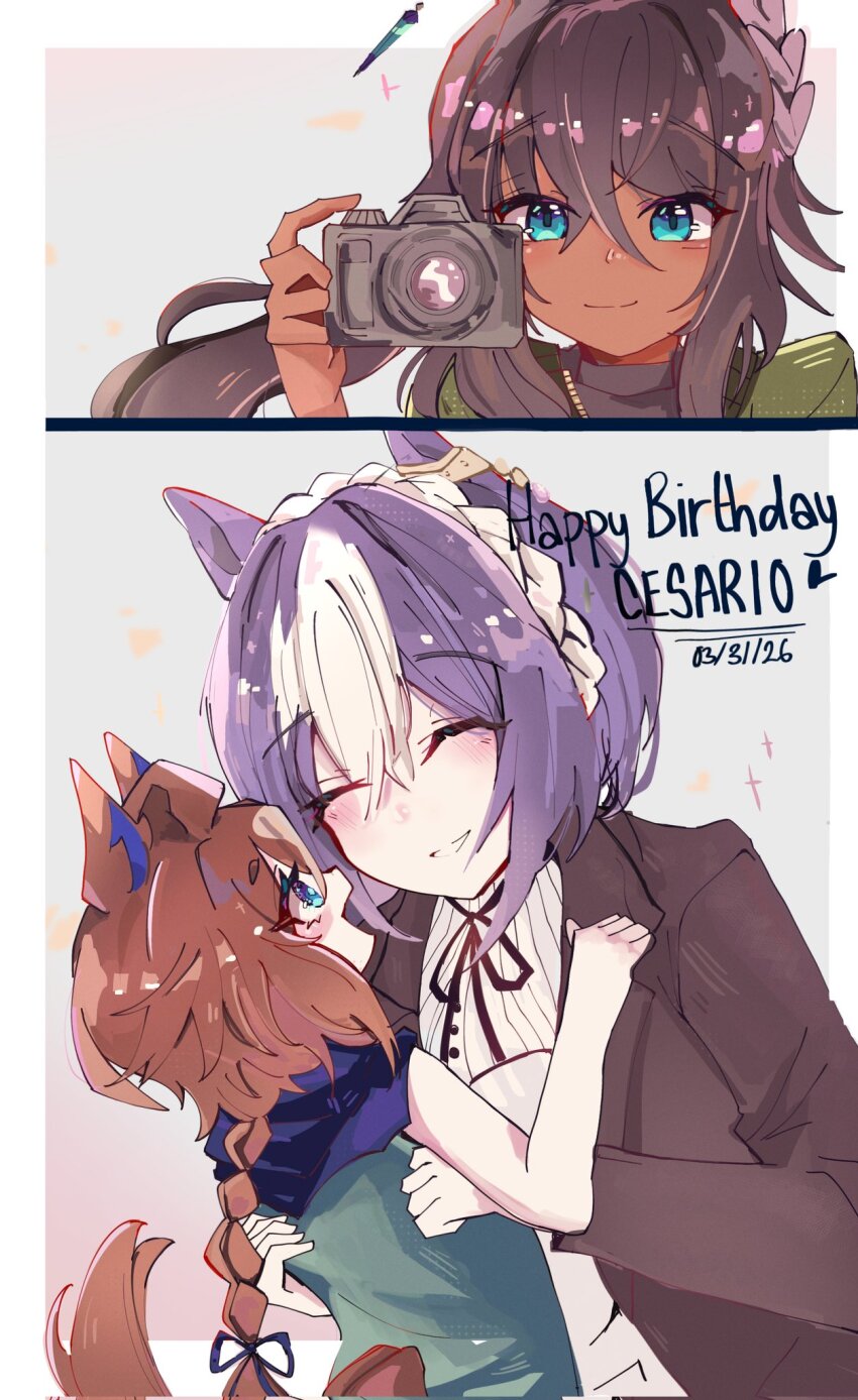 3girls, ^_^, ahoge, animal_ears, black_hair, blue_eyes, blue_hair, blush