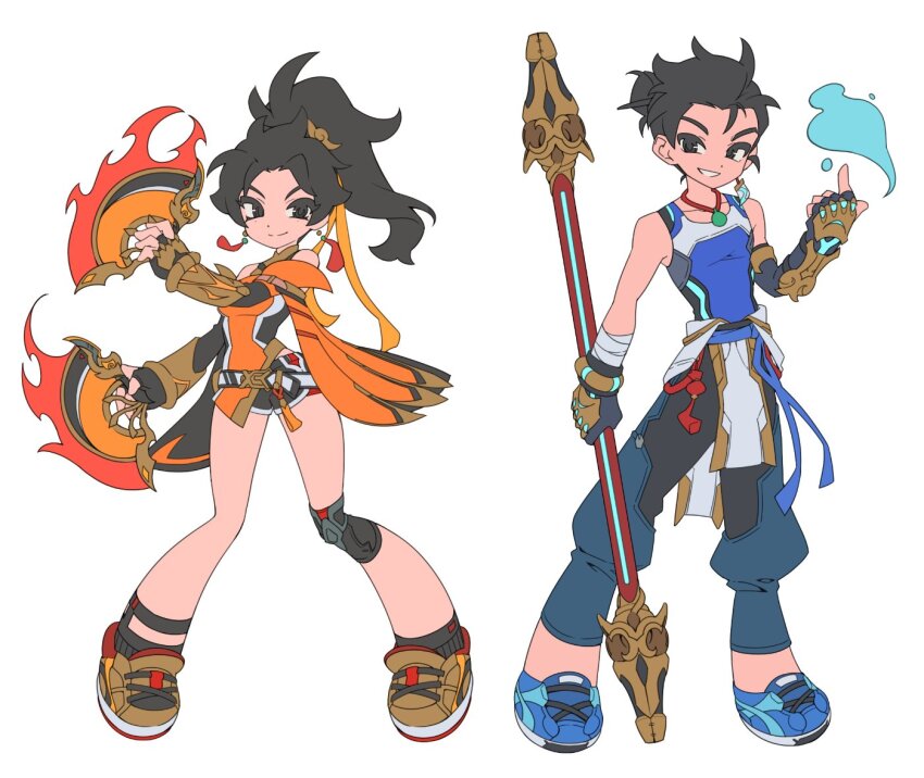 1boy, 1girl, anran_(overwatch), asymmetrical_gloves, bandaged_arm, bandages, bare_shoulders, belt