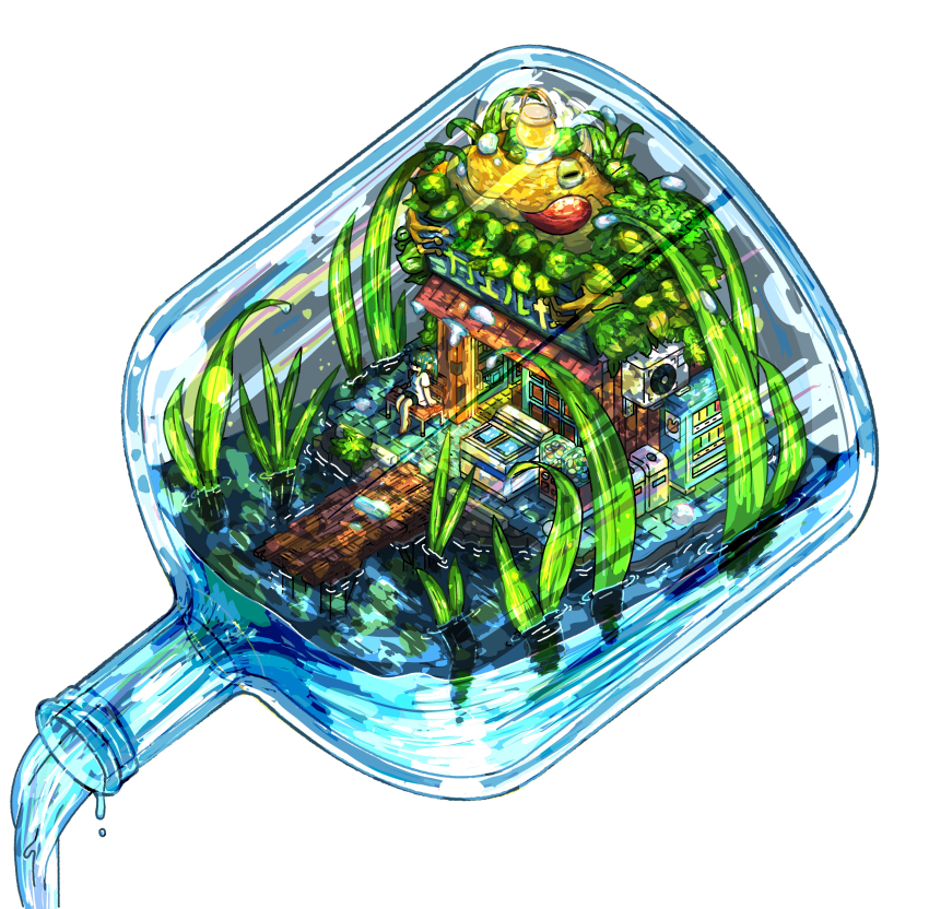 1girl, absurdres, barefoot, black_shorts, building, candy_store, commentary_request, diorama, frog, grass, green_hair, highres, in_container, in_jar, jar, kisaya_(mvtx7343), mini_person, on_bench, original, pier, ponytail, pouring, shirt, shop, shorts, simple_background, sitting, solo, surreal, very_wide_shot, water, white_background, white_shirt