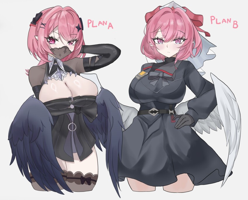 2girls, absurdres, black_dress, black_gloves, black_mask, black_thighhighs, black_wings, breasts