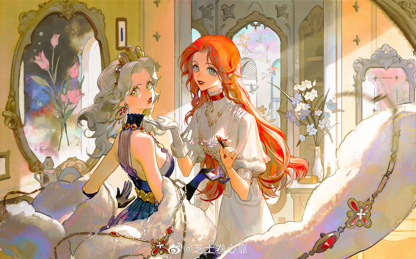 2girls, applying_another's_makeup, applying_lipstick, applying_makeup, arch, bare_shoulders, blue_flower, breasts, bright_pupils, chinese_commentary, choker, commentary_request, cosmetics, cowboy_shot, day, dress, earrings, elbow_gloves, eyeshadow, feather_boa, flower, gem, gloves, gold_earrings, gold_tiara, green_eyes, grey_hair, halter_dress, halterneck, hand_up, helix_waltz_2, highres, holding, holding_lipstick_tube, indoors, jewelry, kalia_rovella, leaning_forward, lilia_claupio, lipstick, lipstick_tube, long_dress, long_hair, looking_at_another, looking_to_the_side, makeup, medium_breasts, mirror, multiple_girls, nail_polish, parted_bangs, parted_lips, pendant_choker, pink_flower, puffy_short_sleeves, puffy_sleeves, purple_gloves, red_choker, red_gem, red_hair, red_nails, short_sleeves, sideways_glance, single_glove, sleeveless, sleeveless_dress, small_breasts, smeared_lipstick, smile, standing, table, tattaco, v-shaped_eyebrows, vase, very_long_hair, watermark, wavy_hair, weibo_watermark, white_dress, white_flower, white_gloves, white_pupils, yellow_eyes, yellow_eyeshadow