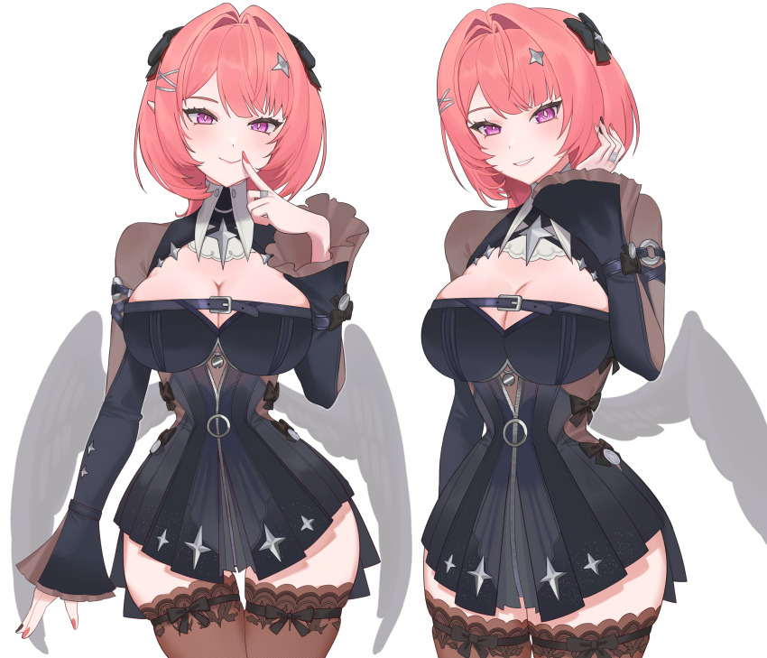 2girls, absurdres, black_dress, black_shrug, black_thighhighs, breasts, chest_belt, cleavage, commentary, dress, dual_persona, grey_wings, highres, large_breasts, looking_at_viewer, multiple_girls, nyan_punch, pink_hair, purple_eyes, ramiel_(zenless_zone_zero), short_hair, shrug_(clothing), simple_background, smile, thighhighs, thighs, untranslatable_commentary, white_background, wings, zenless_zone_zero