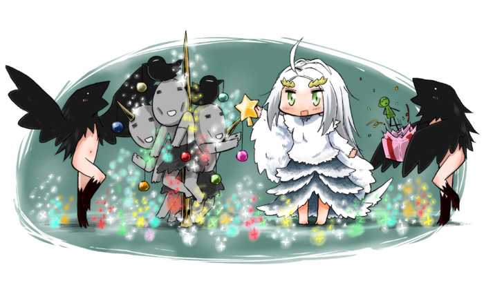 1girl, ahoge, bird, bottomless, chibi, christmas, christmas_tree, dark_souls_(series), dark_souls_i, dragon_girl, fromsoftware, fur, gift, green_eyes, harpy, horns, long_hair, monster_girl, priscilla_the_crossbreed, serizawa_enono, tail, thick_eyebrows, weapon, white_hair, winged_arms, wings