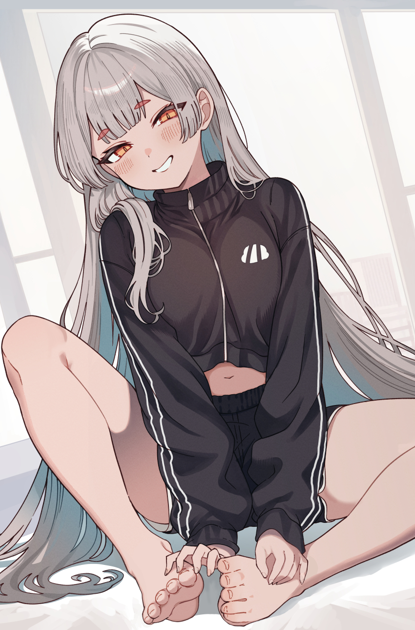 1girl, absurdres, alternate_costume, anavi, barefoot, black_jacket, black_shorts, blue_hair