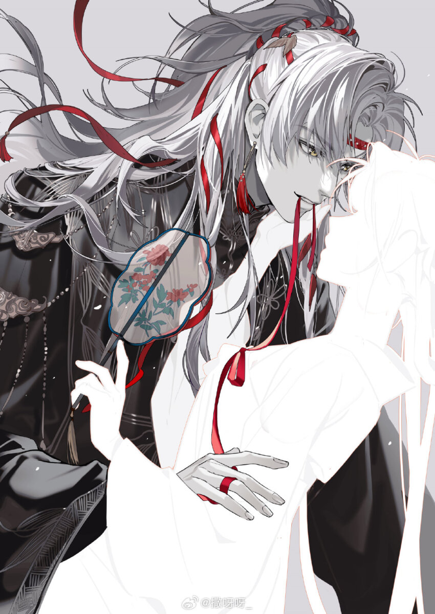 1boy, 1girl, chinese_clothes, chinese_commentary, commentary_request, couple, curtained_hair, earrings