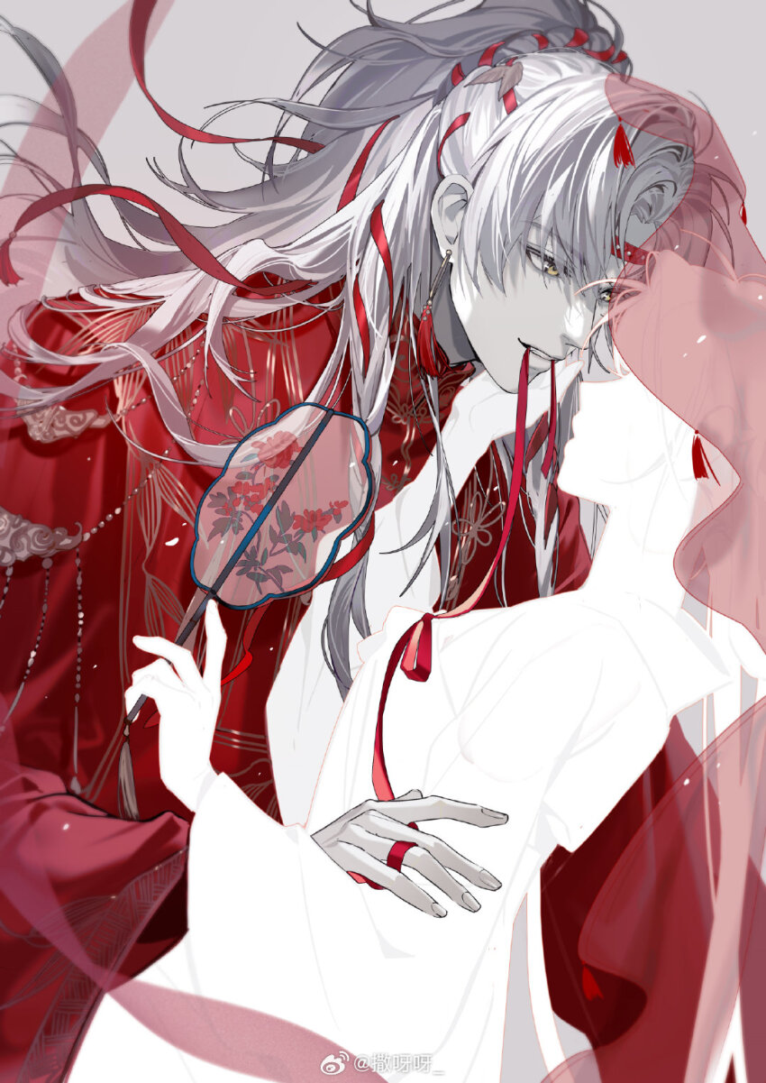 1boy, 1girl, chinese_clothes, chinese_commentary, commentary_request, couple, curtained_hair, earrings