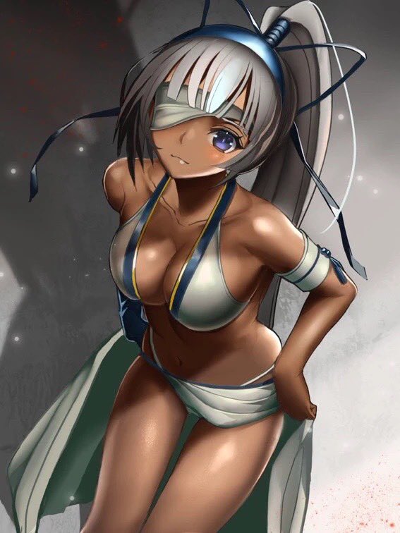 1girl, bare_shoulders, blue_eyes, breasts, cleavage, closed_mouth, collarbone, dark-skinned_female
