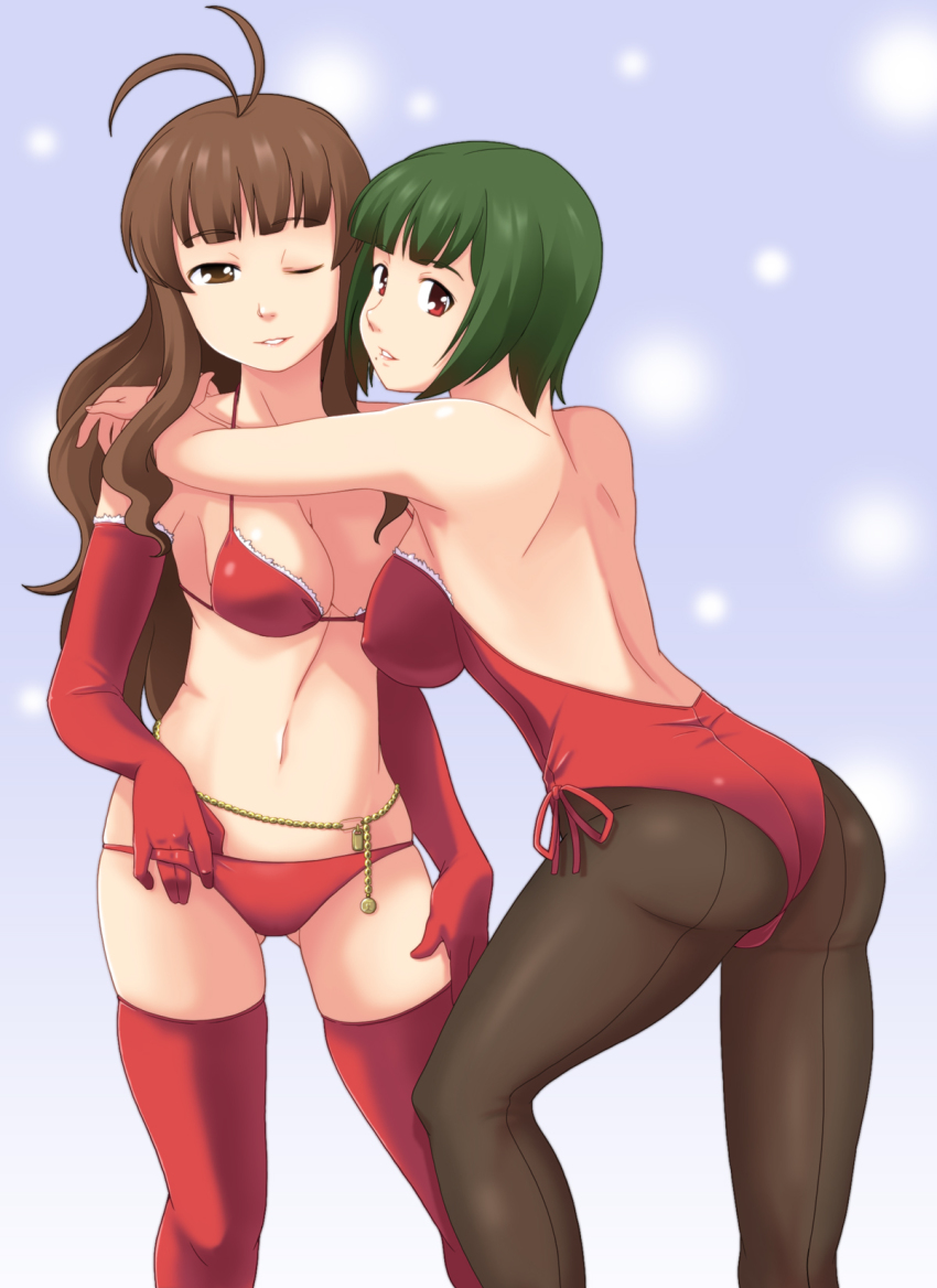 00s, 2girls, antenna_hair, ass, back, backless_leotard, bare_back, bare_shoulders, belly_chain, bikini, blunt_bangs, breasts, brown_eyes, brown_hair, clenched_teeth, elbow_gloves, female_focus, gloves, green_hair, hand_under_clothes, hand_under_swimsuit, hidaka_mai, highres, hug, idolmaster, idolmaster_(classic), idolmaster_dearly_stars, jewelry, leotard, long_hair, looking_back, mole, mole_under_mouth, multiple_girls, one_eye_closed, otonashi_kotori, pantyhose, red_eyes, red_legwear, short_hair, skindentation, smile, strapless, swimsuit, teeth, thighhighs, toshifumi, wink