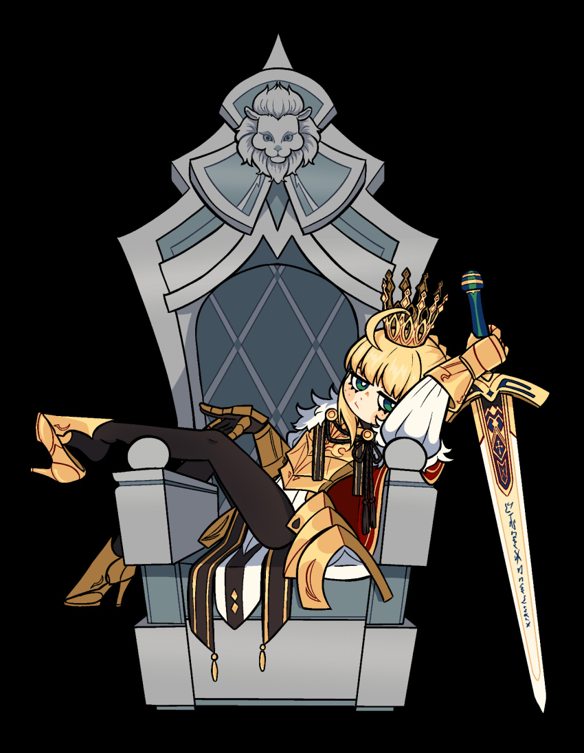 1girl, ahoge, armor, artoria_pendragon_(fate), black_background, black_pantyhose, blonde_hair, breastplate