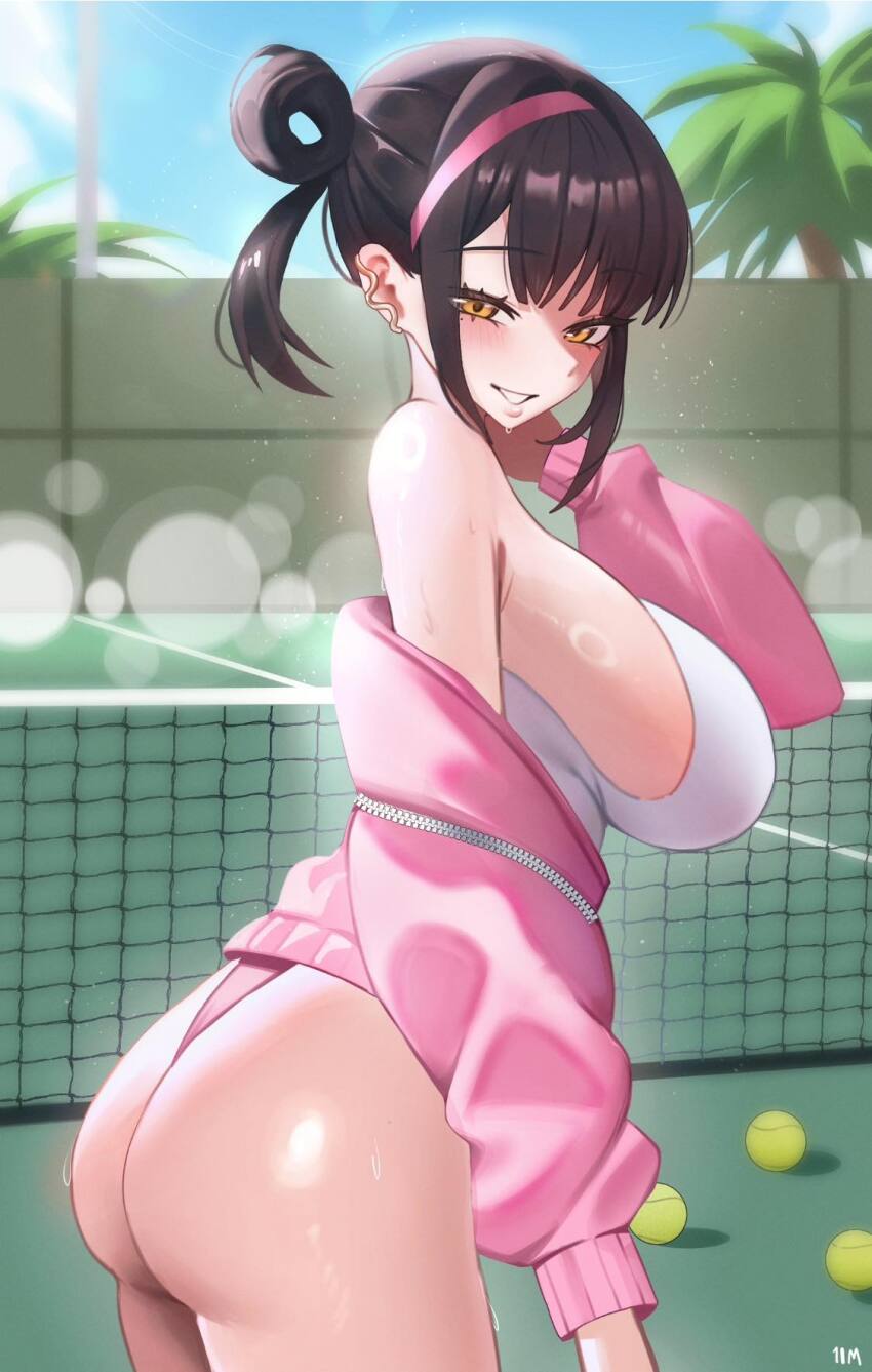 1girl, 1im_illus, ass, ball, black_hair, blue_sky, breasts, buruma, commentary, from_side, goddess_of_victory:_nikke, hairband, highres, jacket, large_breasts, looking_at_viewer, official_alternate_costume, pink_buruma, pink_eyes, pink_hairband, pink_jacket, short_hair, sky, smile, solo, sora_(nikke), sora_(spring_flight)_(nikke), sports_bra, tennis_ball, tennis_court, tennis_net, white_sports_bra