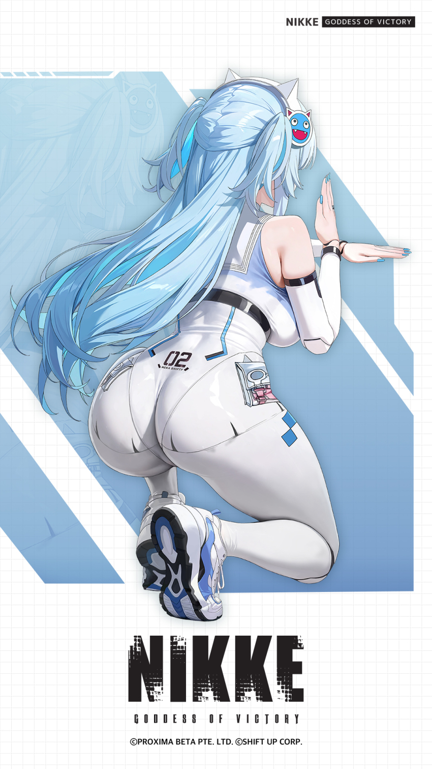 1girl, april_fools, ass, blue_hair, blue_ribbon, bodysuit, breasts, closed_mouth