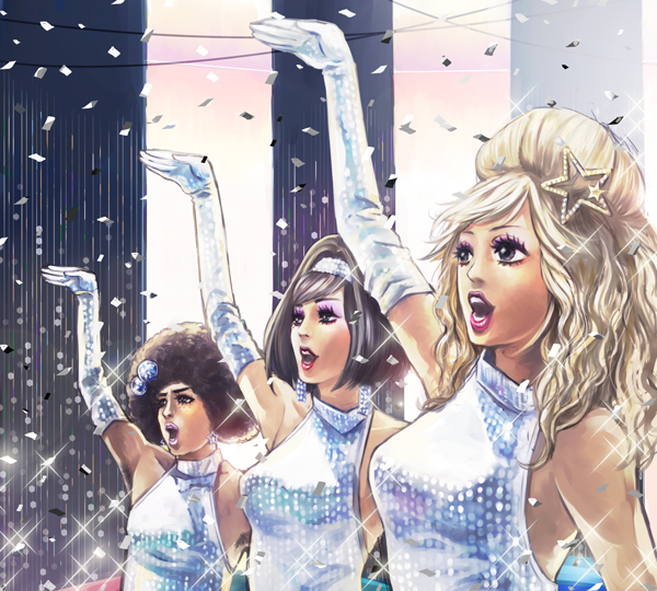 afro, black_hair, blonde_hair, commentary_request, confetti, crossdressing, crossdressing_(mtf), eyelashes